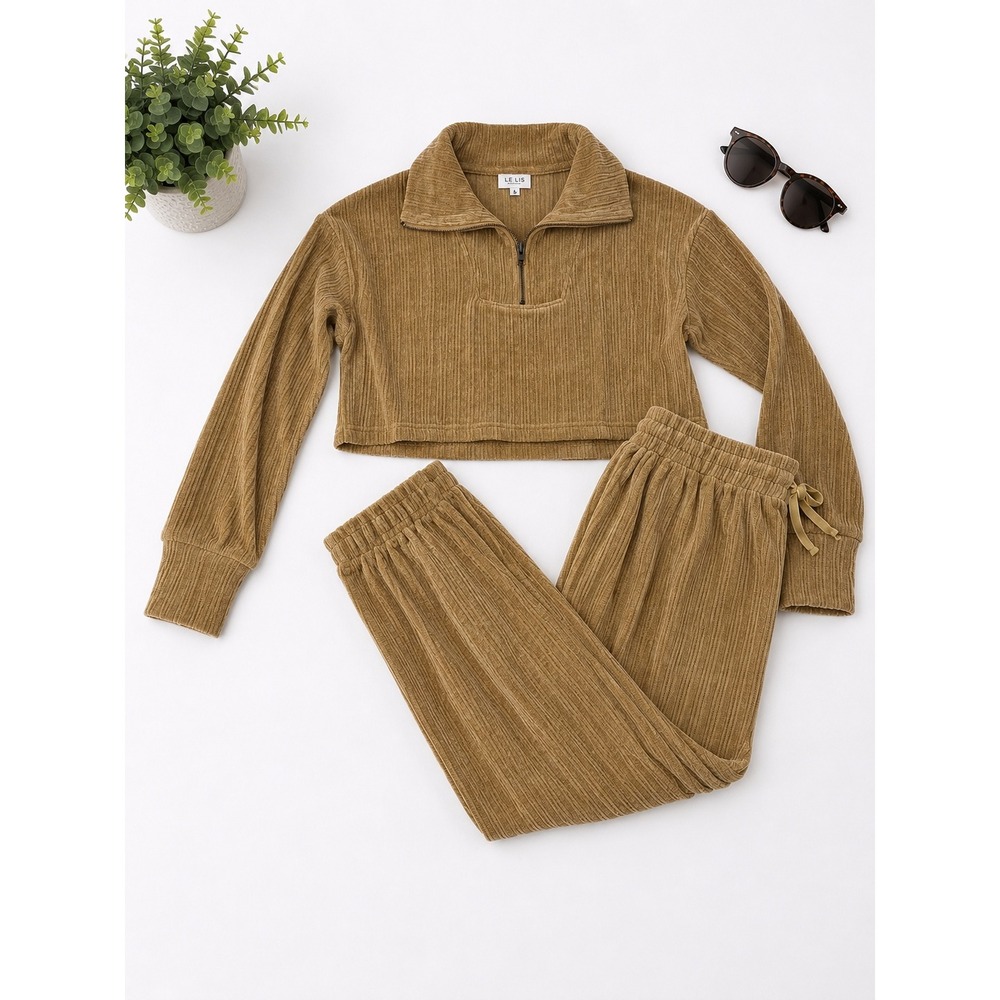 Le Lis Collection Tan Ribbed Corduroy 2 Piece Set crop Quarter Zip Joggers S M